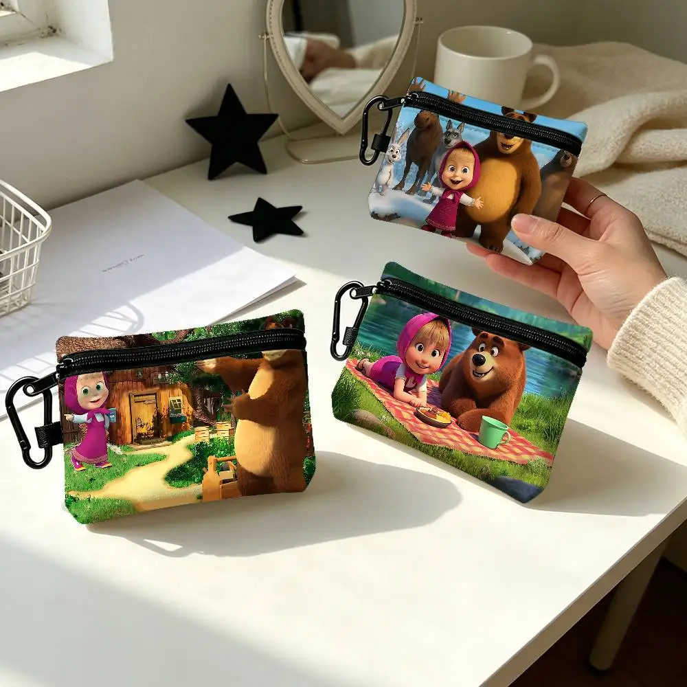 Masha And The Bear Cartoon Portable Oxford Fabric Mini Wallet Carabiner Design Small Coin Bag For Cards Keys Earphones