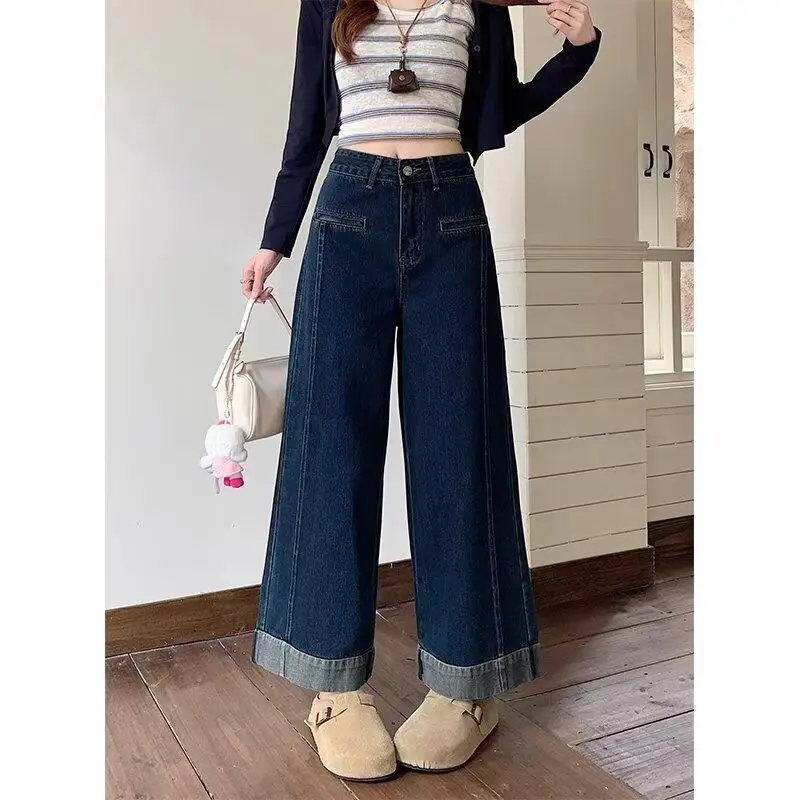 

Retro High Waist Wide Leg Denim Jeans Women's Deep Blue Nine Point Straight Cut Loose Slimming Casual Cotton Polyester Blend