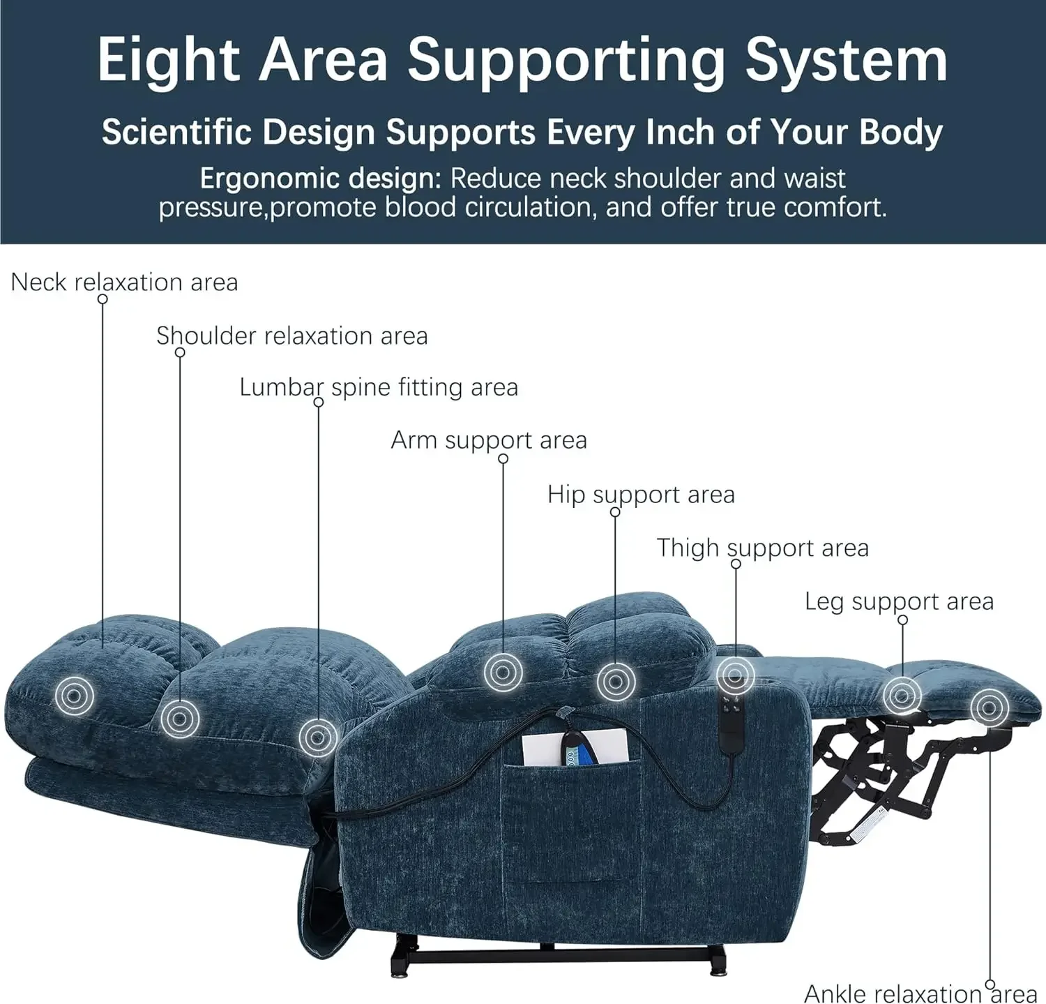 Power Lift Recliner Oversize Chair Podwójny silnik Masaż wibracyjny Podgrzewana tkanina prezentowa Pojedyncza sofa dla starszych osób z bocznym kieszenią