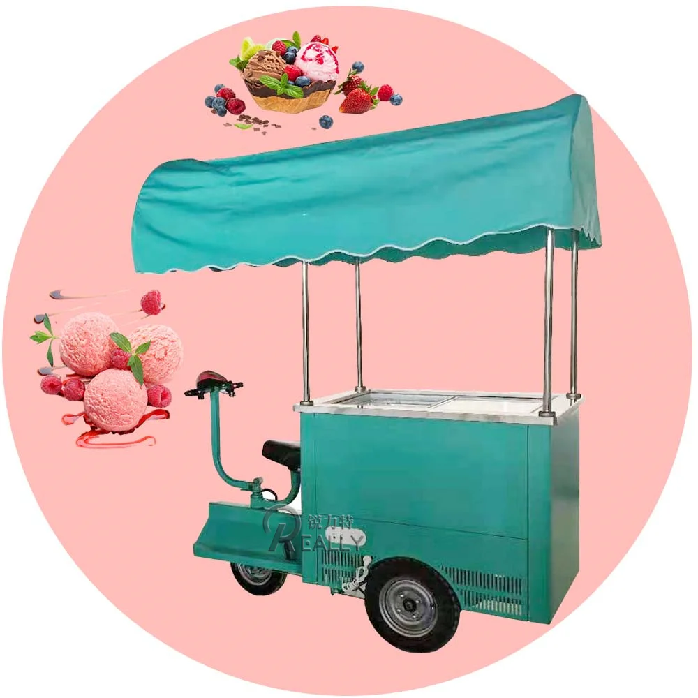 New Ice Cream Flower Cart Mobile With Refrigerator Cart Electric Cargo Bicycle Frozen Ice Cream Display Cart