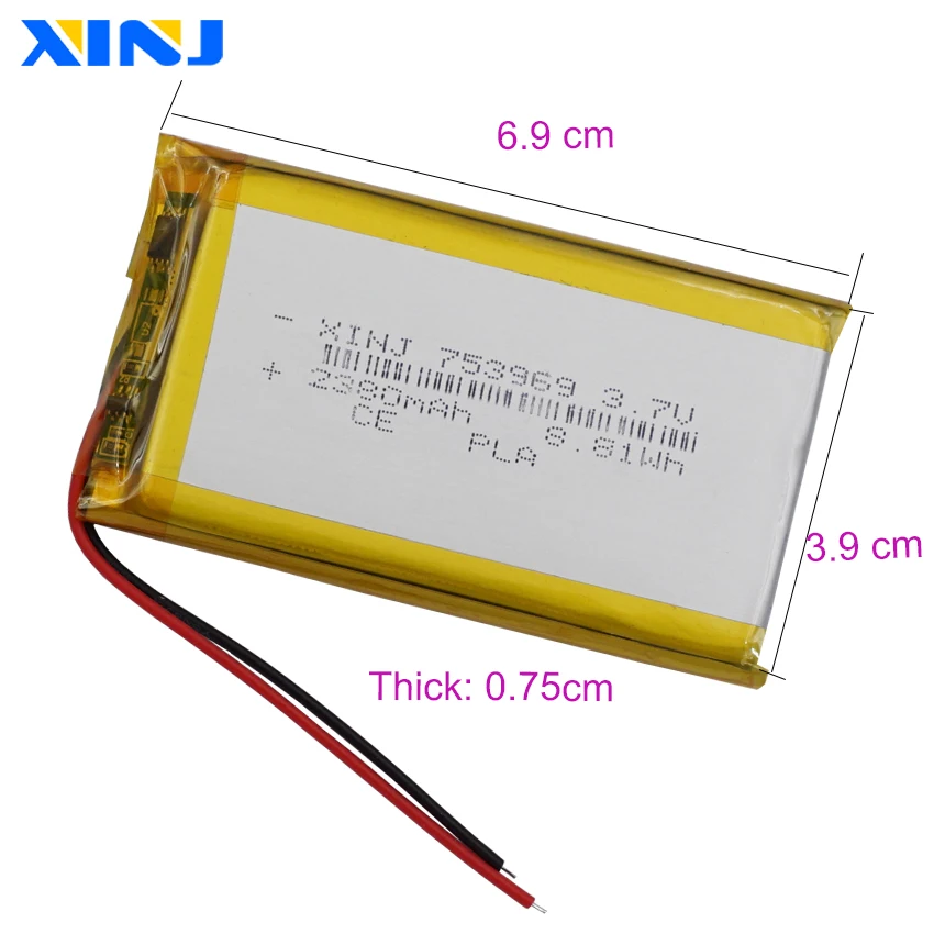 3.7v 2380mah 8.80wh 753969 polímero li lipo bateria recarregável pilha de lítio para dashcam e-book almofada meados portátil dvd tablet pc