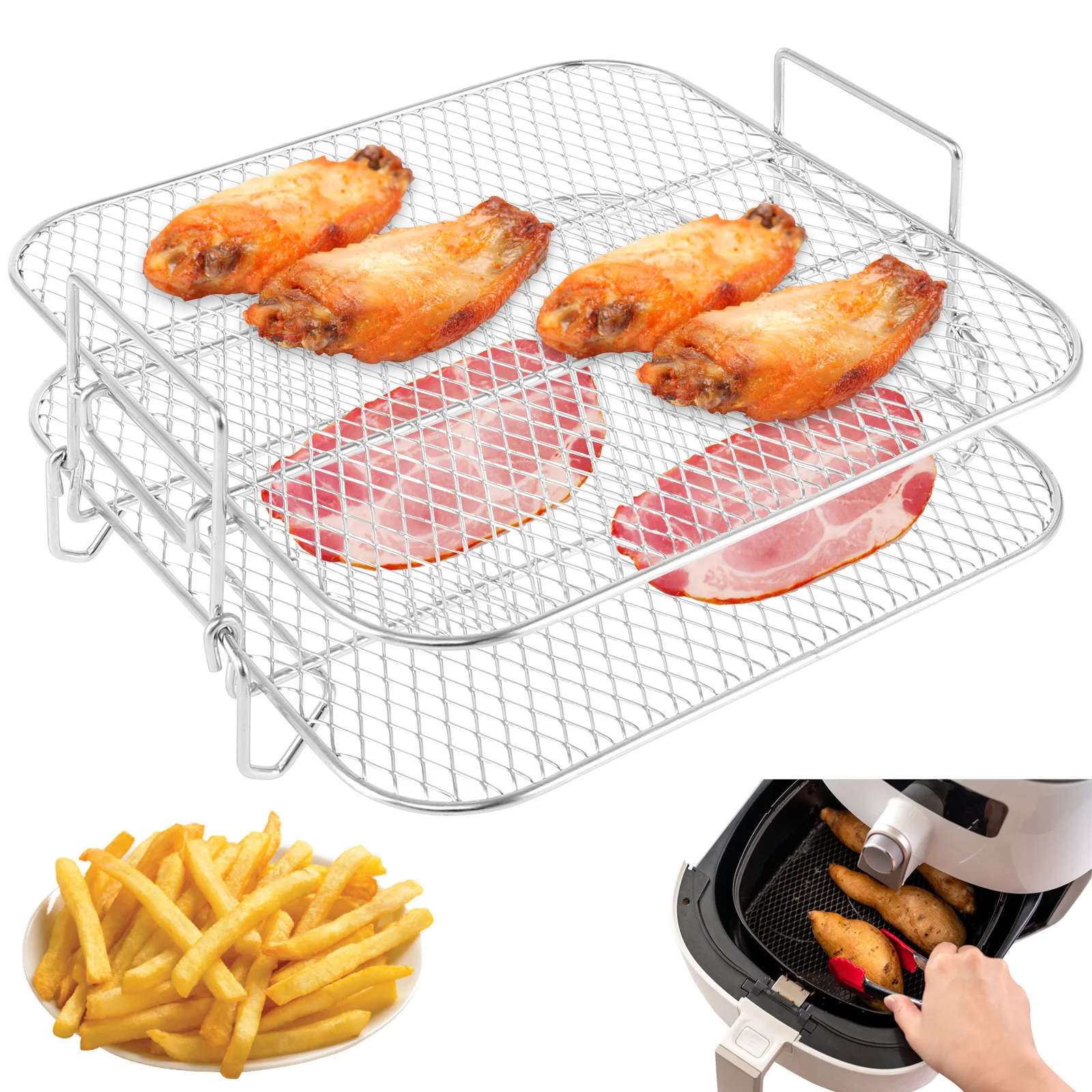 Air Fryer Rack 1/2/3 Layer Stainless Steel Grill Dehydrator Stacking Rack Removable Air Fryer Accessories Kitchen Cooking Tools