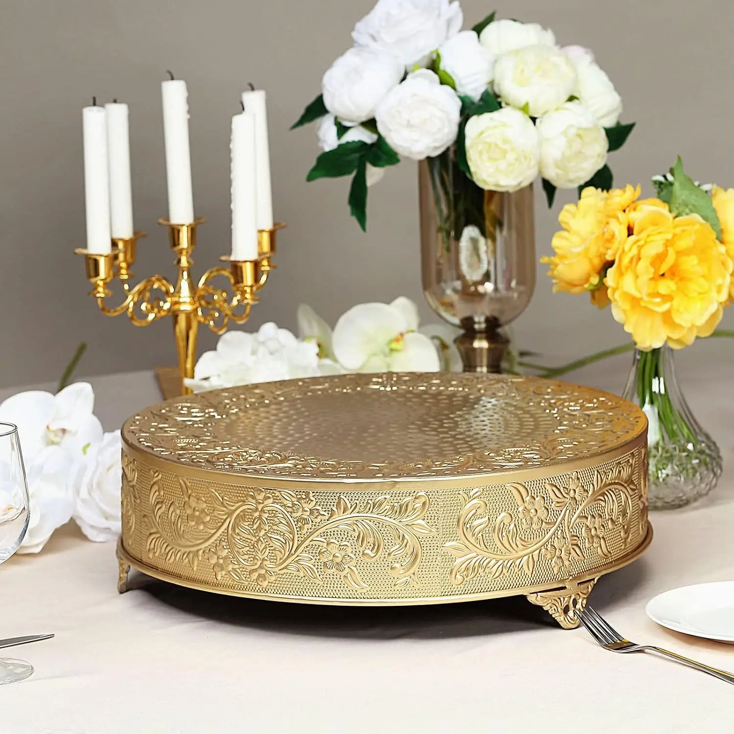 Round Gold Embossed Metal Cake Stand Dessert Display Plateau for Weddings Events – Oven & Dishwasher Safe, Easy Clean Polished Finish
