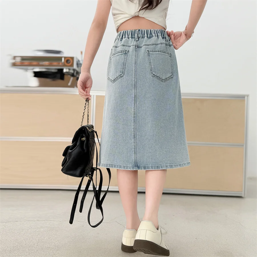 Elegant Children Summer Long Denim Skirt with Buttons for Girls Stylish Streetwear Bottoms Tweens Kids Casual Jeans Skirt 5-14T - view 4