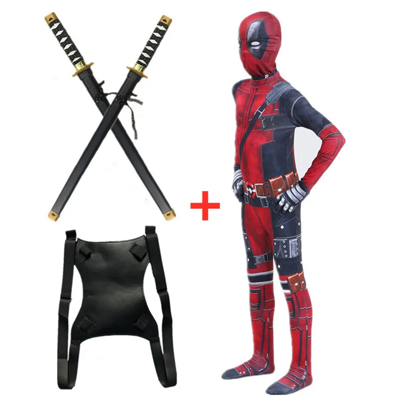 Kids Deadpool Bodysuit Costume with 2 Swords and Sheath Face Mask Jumpsuit Set Children's Party New Year Gift