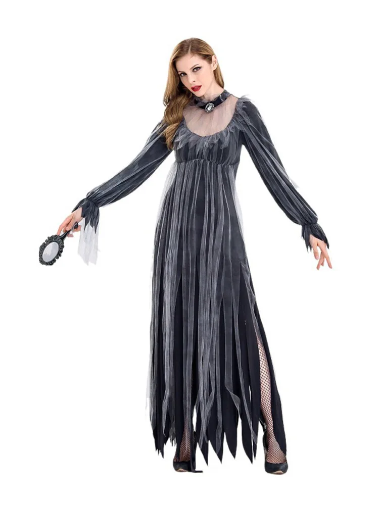 Gothic Ghost Bride Ensemble - Victorian Vampire Witch Dress with Tattered Veil & Cape, Horror Zombie Cosplay Costume