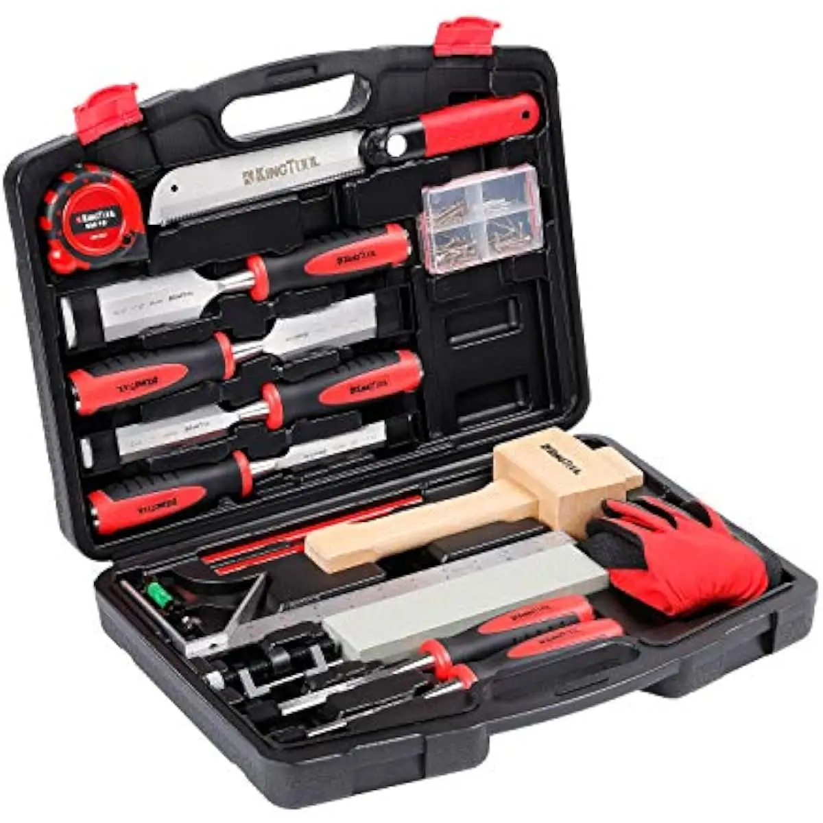 6-piece heat-treated Cr-V chisels 1/4 to 1-1/2 inch with bevel edges — includes dovetail saw, honing guide, sharpening stone, wo