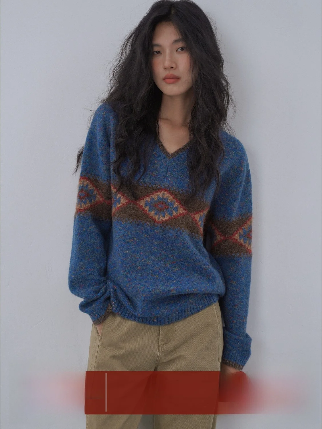 

Blue V-Ne August Retro Embroidered Loose Women's Knitted Sweater Comfortable Korean Sle Long Sve Top for Autumn Winter