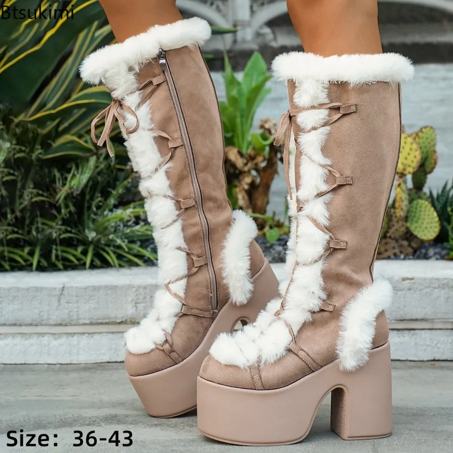 Gothic Lolita Platform Boots Winter Warm Women's Faux Fur Chunky Platform Knee-high Boots Block High Heels Shoes Big Size 43
