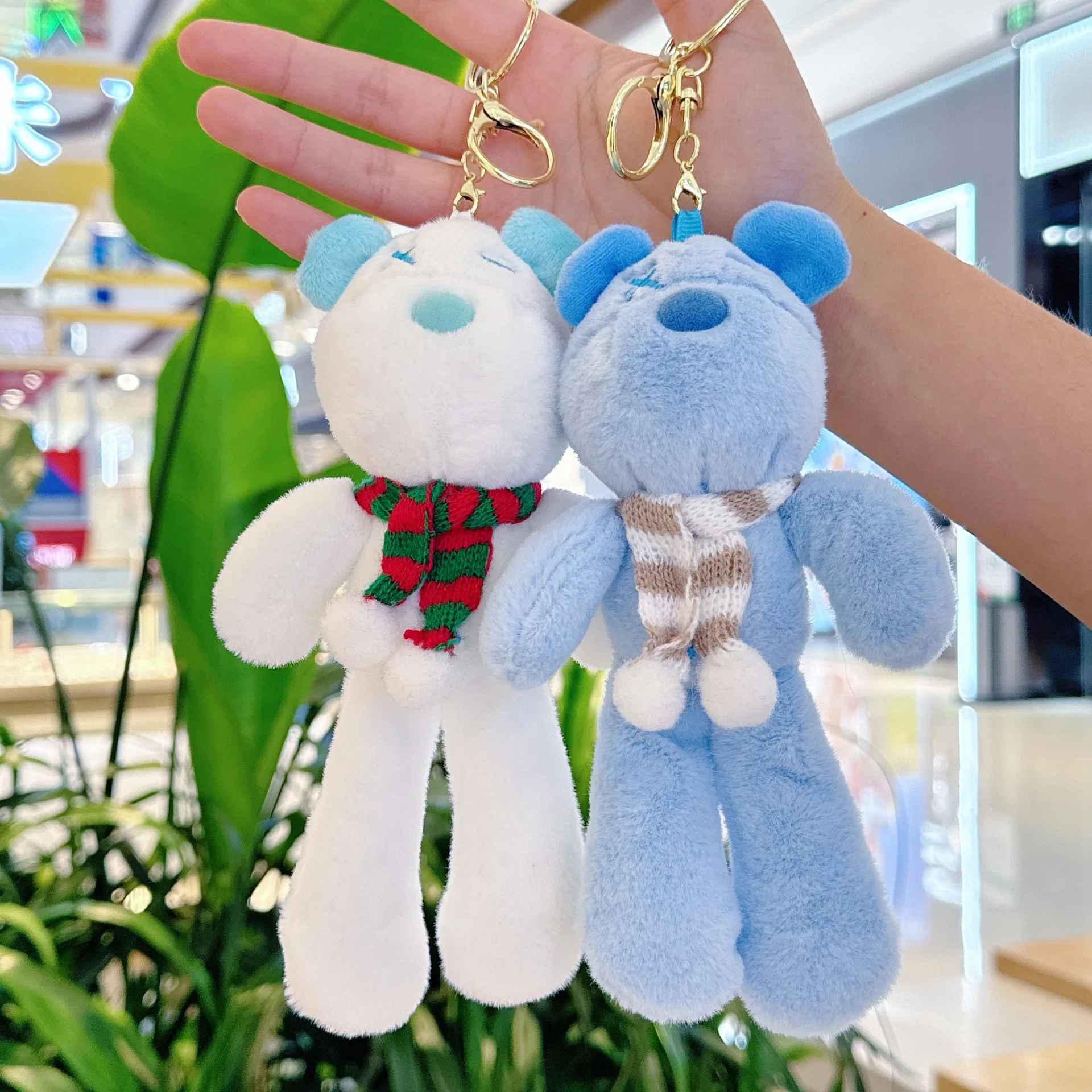 13CM 귀여운 긴 다리 털곰 열쇠고리 스카프 장식 플러시 장난감 귀여운 폭력곰 인형 키링 어린이 소녀 크리스마스 선물