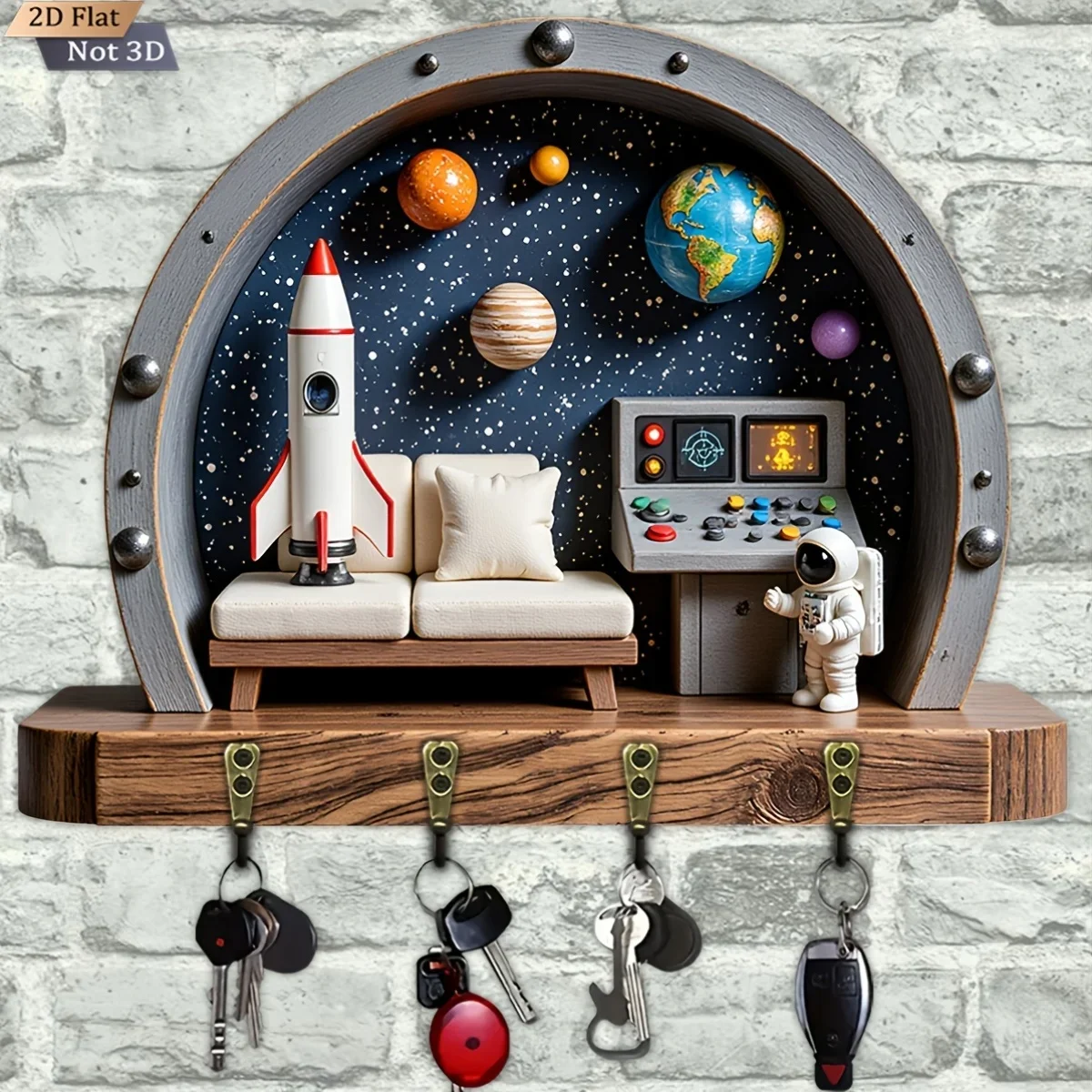 2D Flat Surface, 1pc, Space Rocket Astronaut Key Hook Wooden Multifunctional Home Key Holder, with Four Metal Hooks, Wall