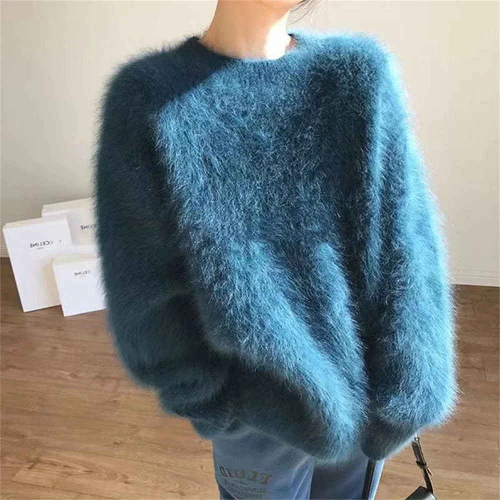 

Women 2025 Autumn Winter Thick New Mink Velvet Knitted Tops Female Round Neck Loose Pullover Ladies Solid Color Sweaters Tops