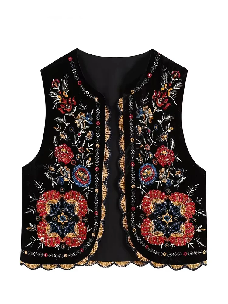 HH 2025 سترة نسائية عتيقة مطرزة بالزهور سترة صيفية مخملية مطرزة صدرية ملابس خارجية فضفاضة أنيقة للسيدات #1