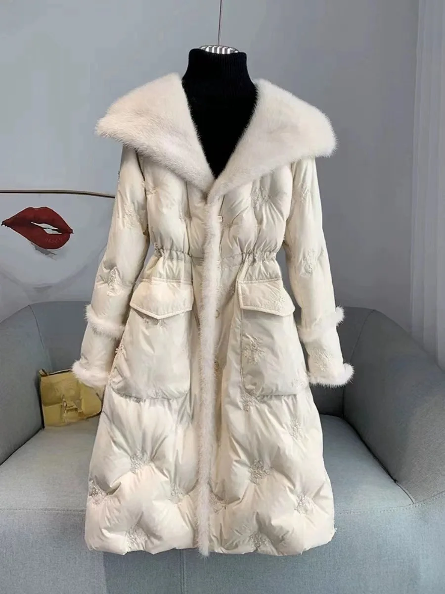 2024 Winter New High End Mink Fur Goose Down Snow Parka Jacket Women\'s Mid Long Coat Fashionable Slim Fit Fur Jacket