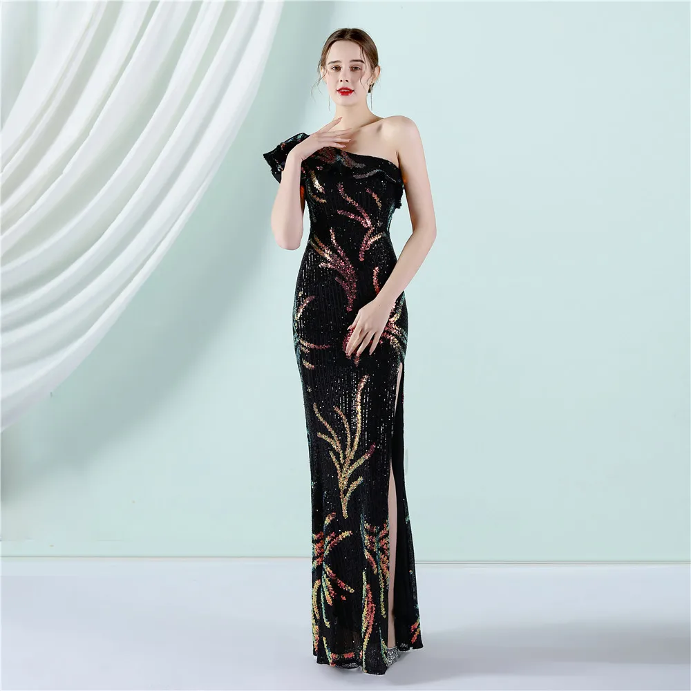 New Women Off The Shoulder Elegant Evening Dress Sequins High Slit Party Gown Ruffles Floor Length Formal Women Robe De Soriee