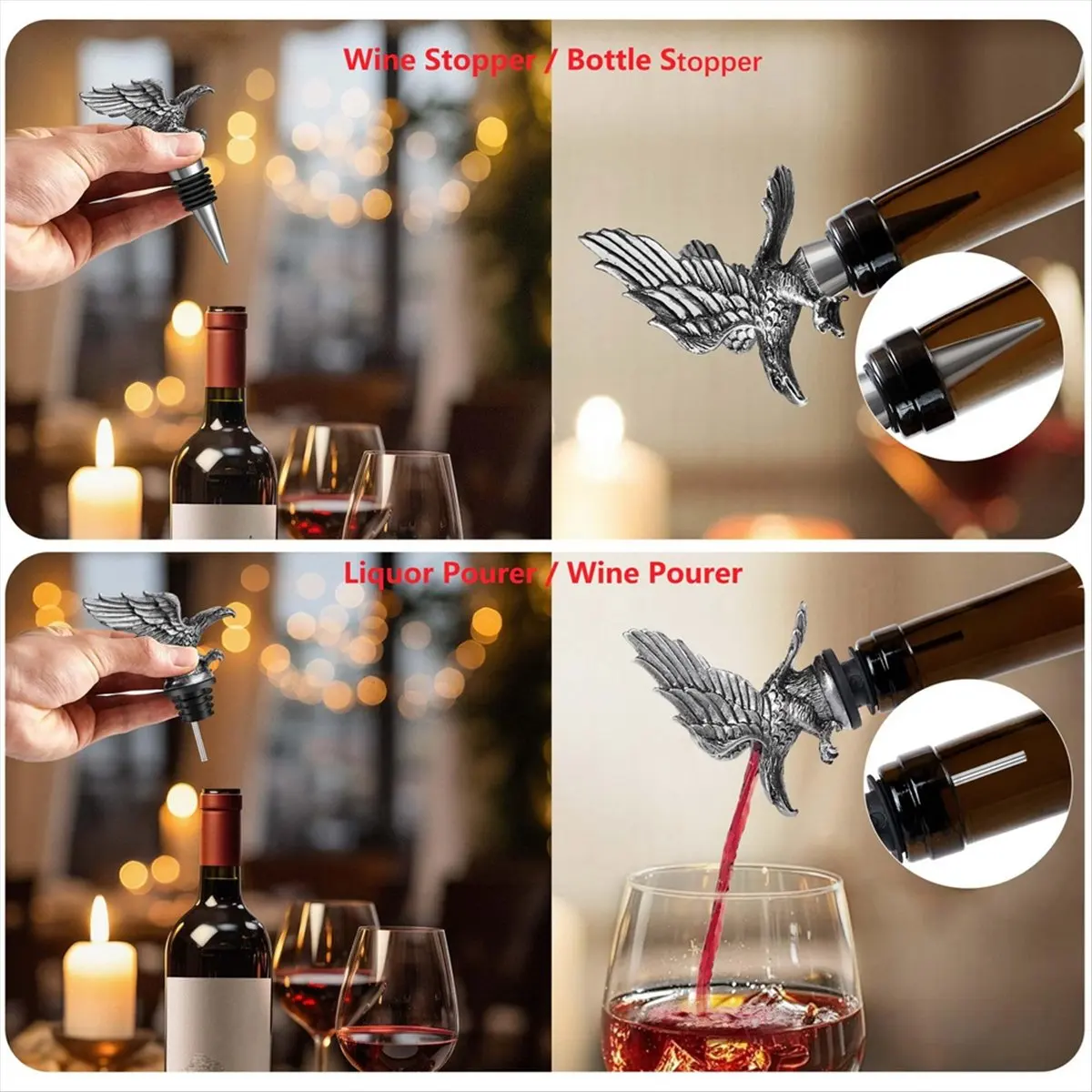 BHBL 2-in-1 Set, 1x Wine Pourer / Liquor Pourer, Metal Wine Stopper/Bottle Stopper with Silicone Seal, Reusable Wine Keeper