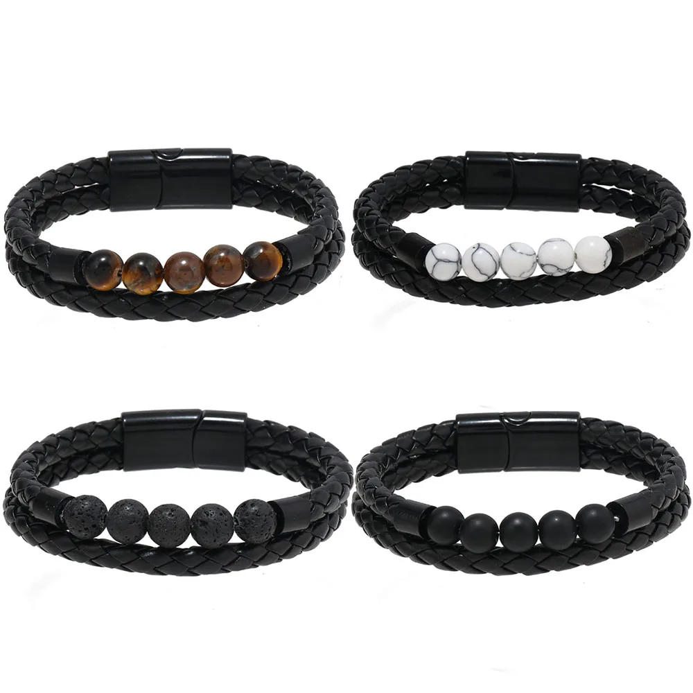 

Multilayer Woven Leather Bracelet for Men Tiger Eye Stone Beads Cuff Bangle Men's Bracelets Jewelry OL Style Male Wrist Gift New
