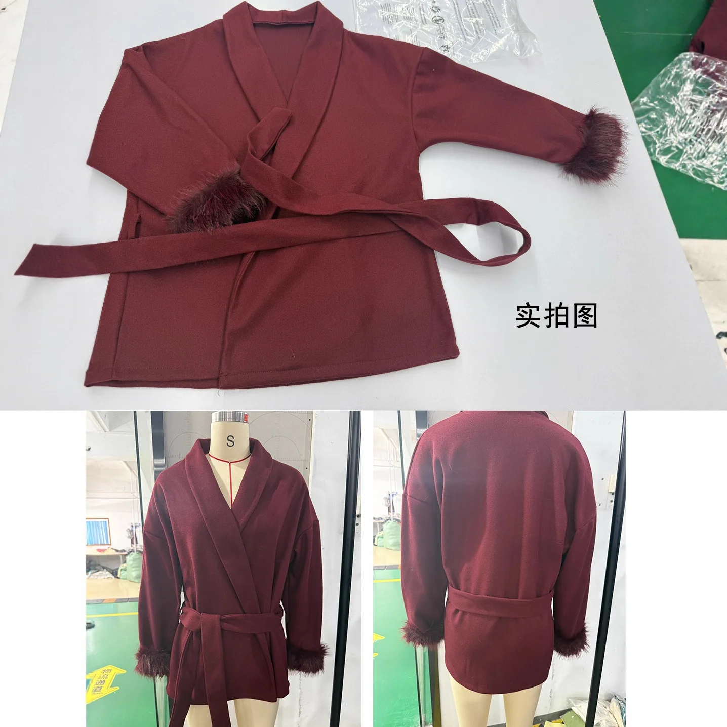 Autumn and Winter Short Coat Women's Cuffs Fury V-Neck Strap Solid Color