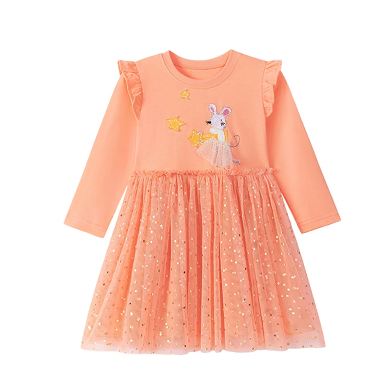 

Элегантное платье Little maven для девочек, осенне-весеннее детское праздничное платье с аппликацией в виде животных и мыши для маленьких детей, платье принцессы