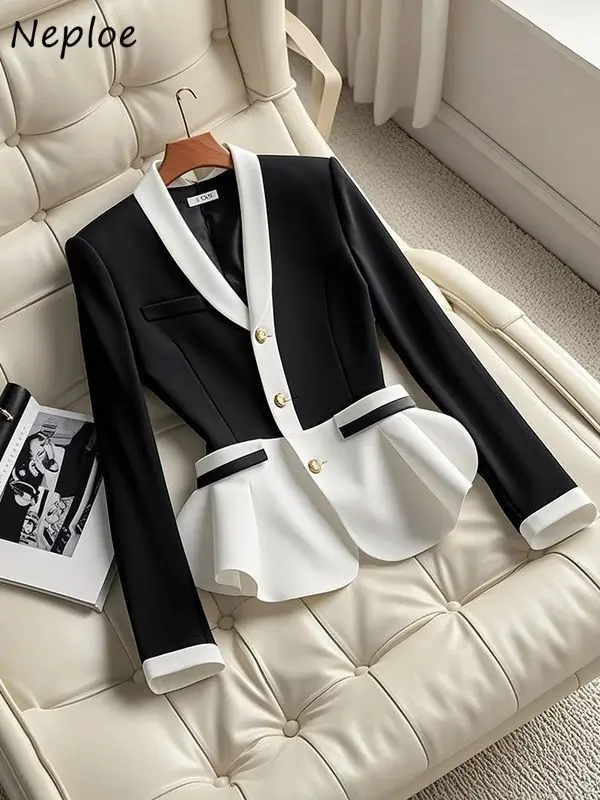 

Neploe Fresh Japanese Luxury Small Fragrance Blazers Advanced Western Panelled Slim Waist Coat V Neck Celebrity Trendy Jacket