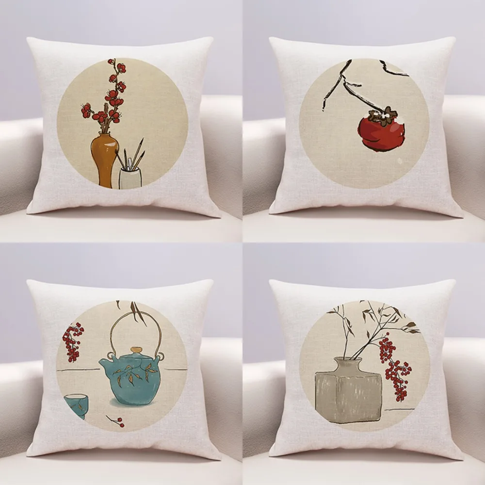 

Набор из 4 чехлов для подушек в китайском дзен-стиле с изображением хурмы, с принтом тушью и чайным набором, для создания спокойного восточного домашнего декора