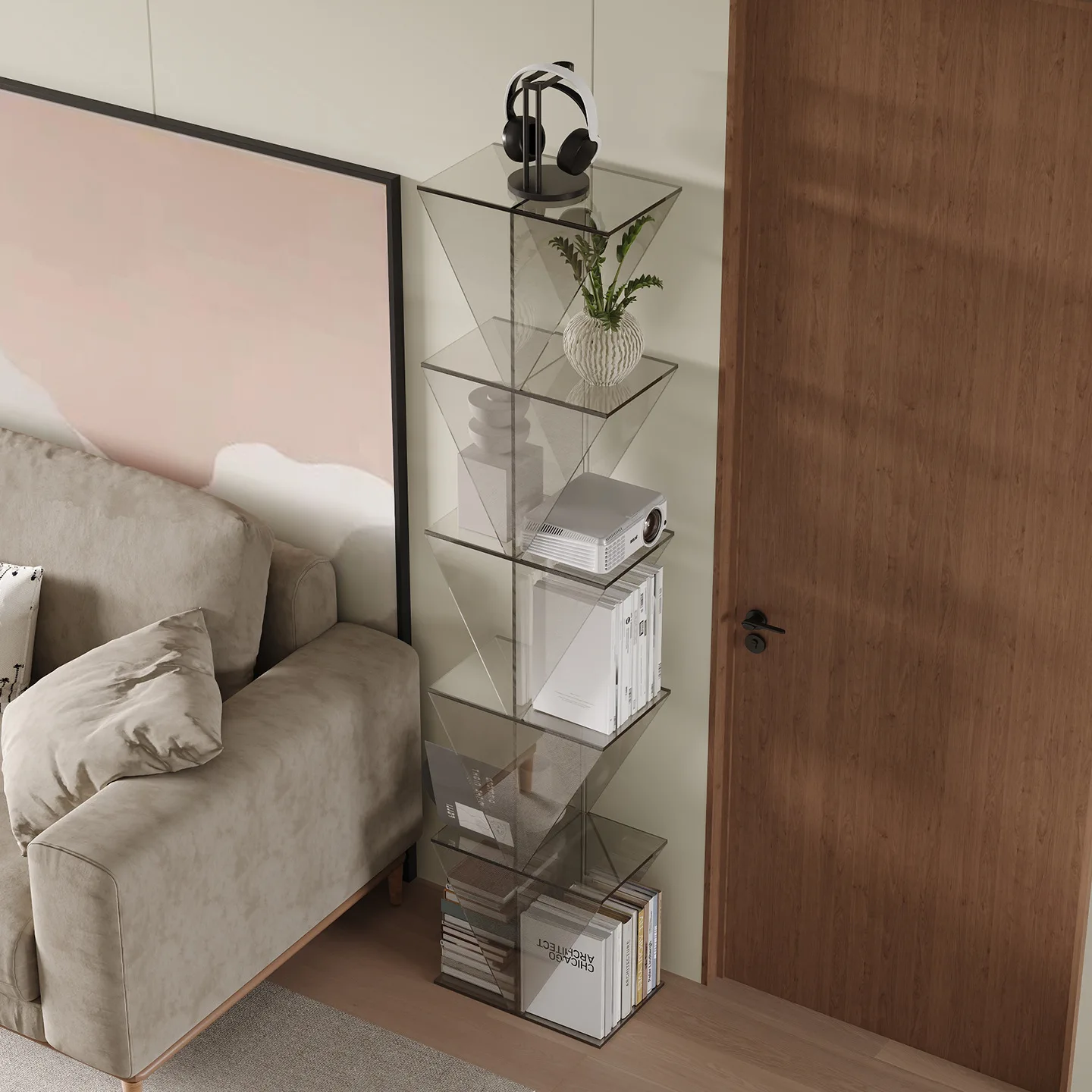 Light luxury bay window bookcase household living room acrylic storage cabinet bedroom shelf bookshelf solid wood corner floor c