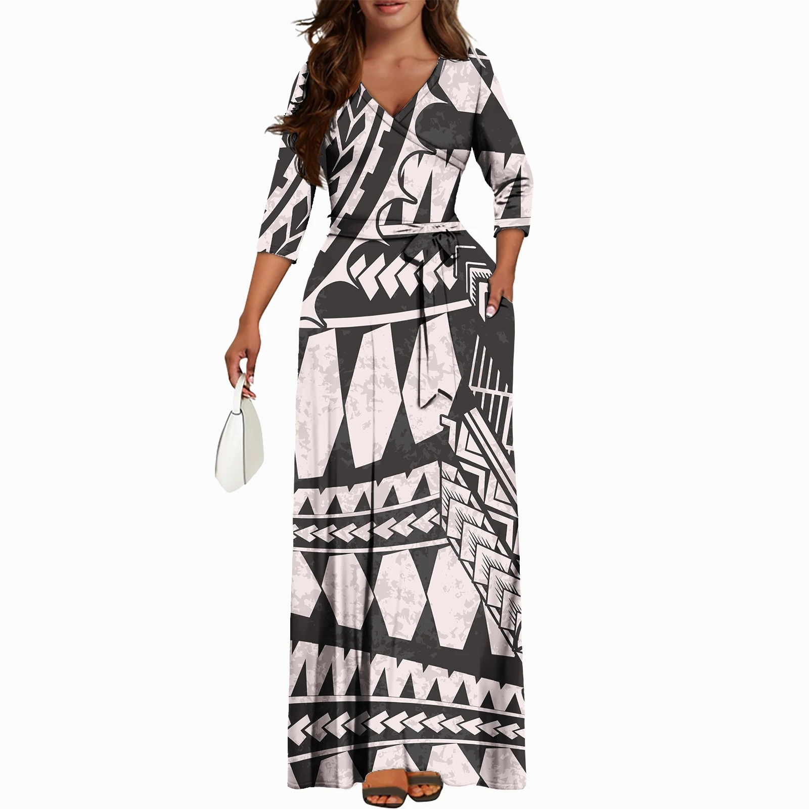 Fall Island Style Slim Dress With Pockets Plus Size Formal Luxury Design Polynesian Hawaiian Elegant Women\'s Dresses