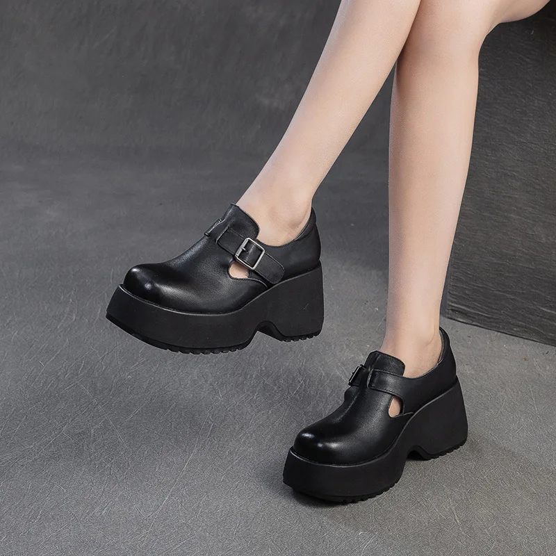 

2025 Spring Women Wedges Heel Shoes Retro Style Loafers Square Toe Hook And Loop Chunky Platform Height Increasing Shoes