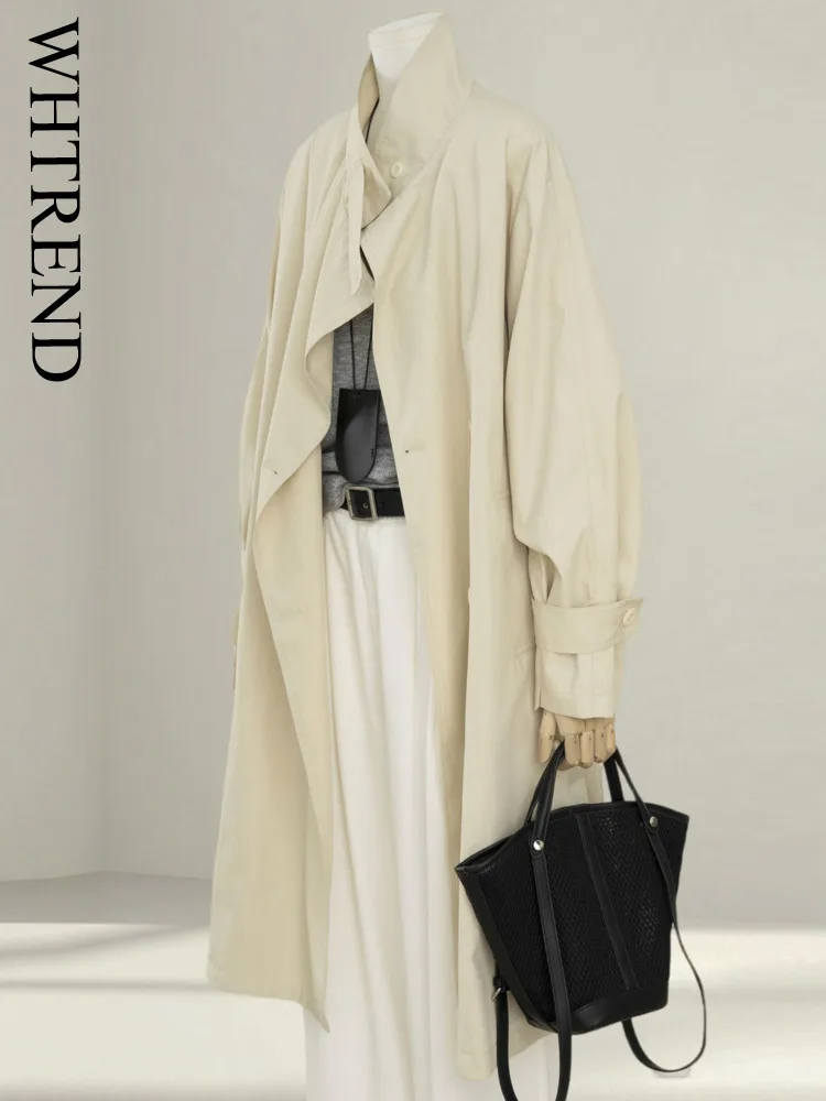 

WHTREND Mid Length Trench Coat For Women Autumn New Long Sleeves Double Breasted Loose Casual Overcoat Korean Style WH1562