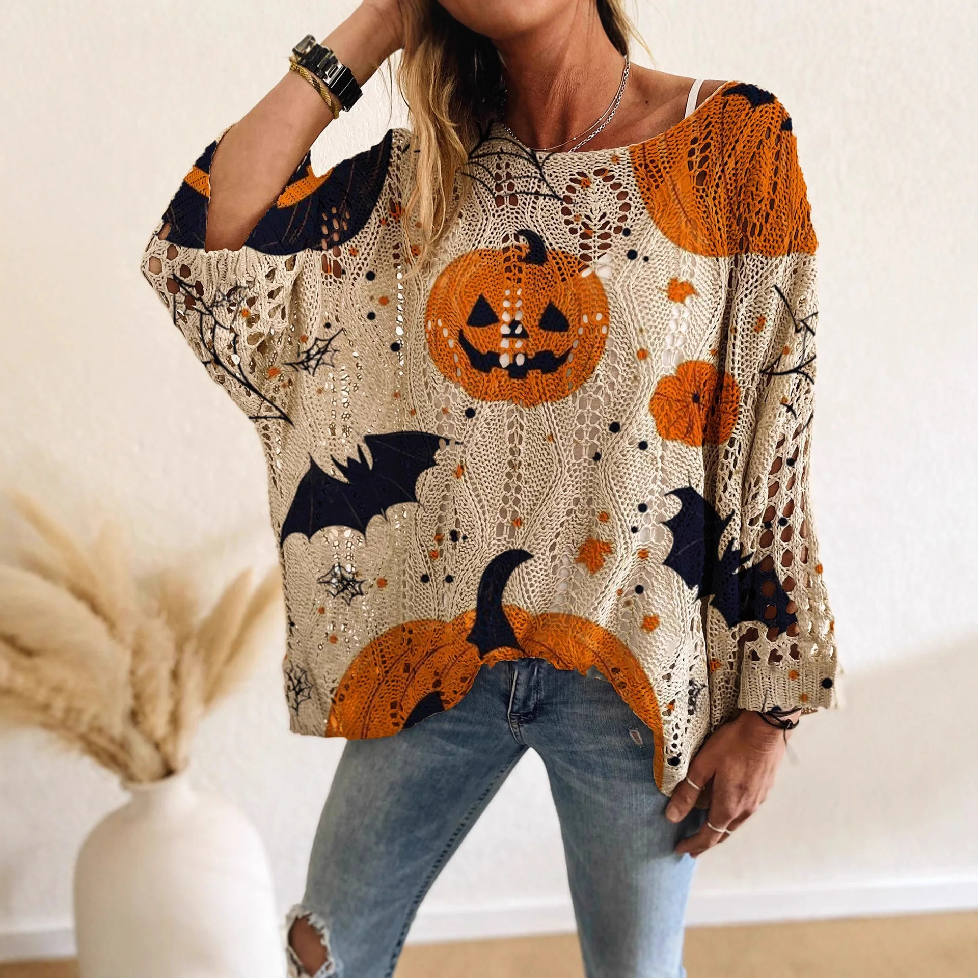 

2026 Women's Summer New Fashion Casual One-line Collar Diamond Hollow Halloween Print Color Block Long Sleeve Tops for Women