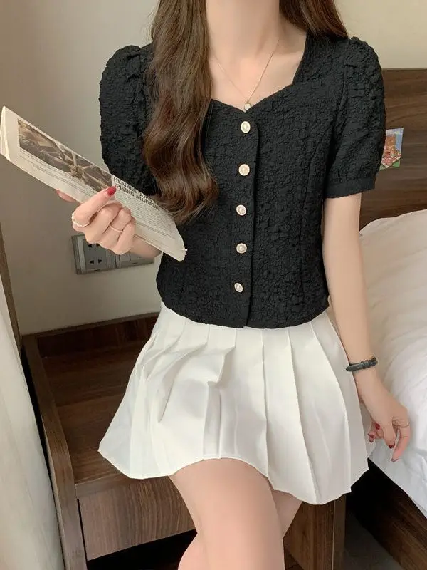 Ele ort Sve Chiffon Pred Flower Top Slimming Sli Summer New Arrival Faionable Square Collar Women's irt