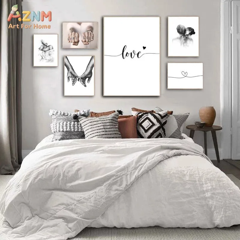 AZNM Frameless Canvas Poster Minimalist Love Line Art Print, Couple Hands Tattoo Kissing Figure Black White Wall Art Picture for