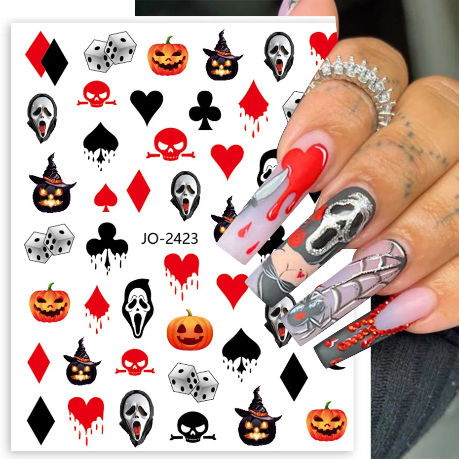 2PCS Halloween Nail Art Stickers Evil Pumpkin Nail Decals Cartoon Skull Water Transfer Sticker DIY Festival Nail Decorations