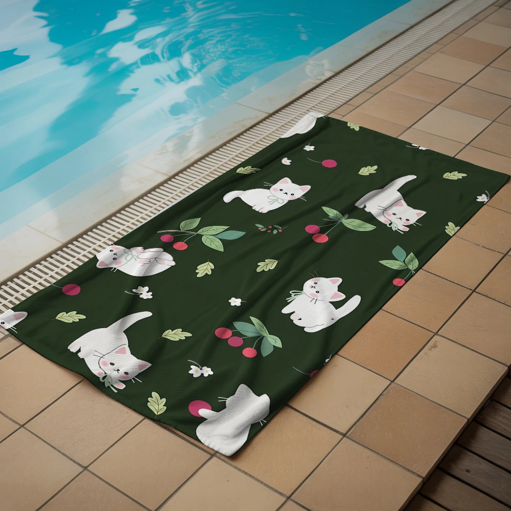 Dark Green White Kitten Cartoon Anime Beach Towel Microfiber Quick Dry Super Absorbent Soft Bath Towel for Kids Adults Travel