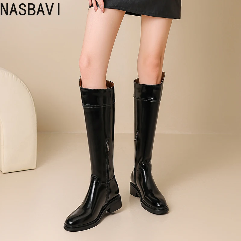 NASBAVI 2026 الشتاء النساء حذاء برقبة للركبة موضة جولة تو أحذية امرأة منتصف الكعب جلد البقر دراجة نارية أحذية طويلة أسود 34-43 #5