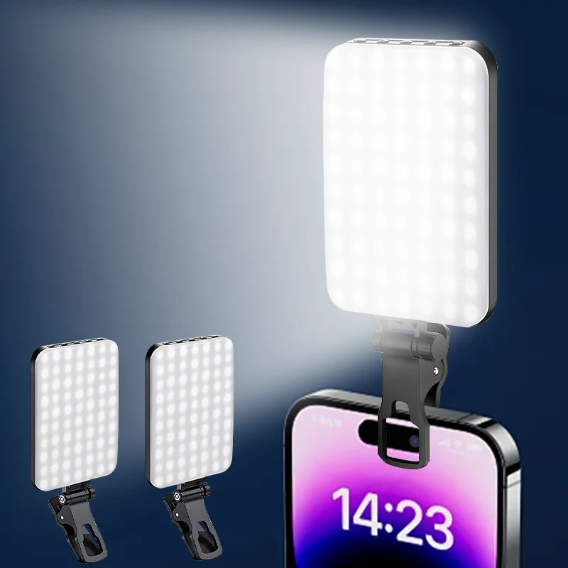ضوء سيلفي LED قابل لإعادة الشحن لعقد مؤتمرات الفيديو، ضوء كاميرا محمول، ضوء هاتف محمول قابل للتعديل مع مشبك
