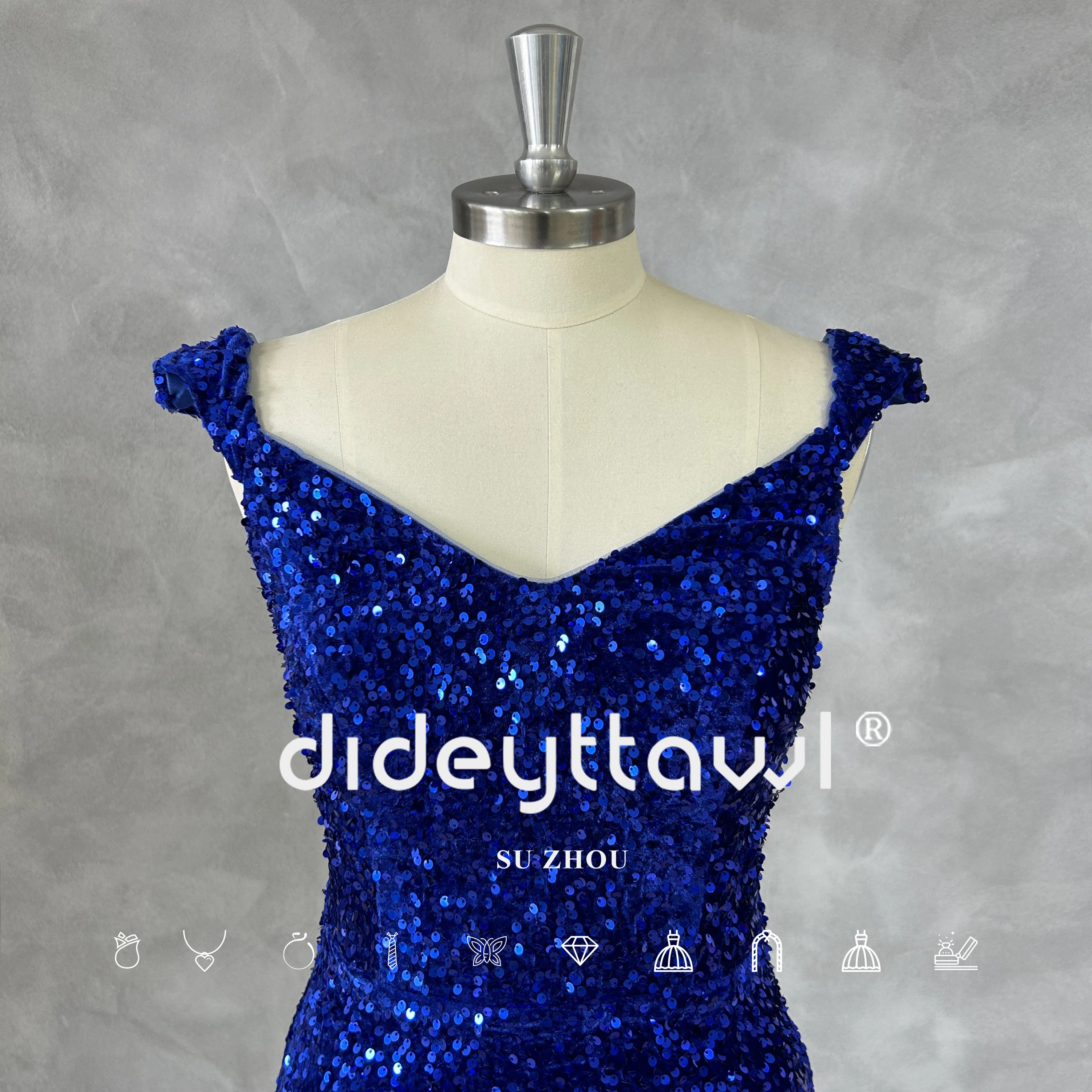 DIDEYTTAWL-vestido de noche azul Real con cuello en V y lentejuelas brillantes, vestido de sirena Sexy para graduación, abertura alta, sin mangas, con cordones