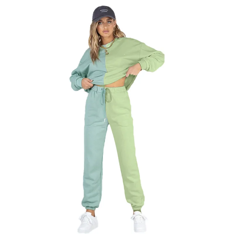 Tuta da donna tuta o-collo felpa Set da due pezzi donna primavera nuovi Set di pantaloni sportivi a vita alta Patchwork simmetrico femminile