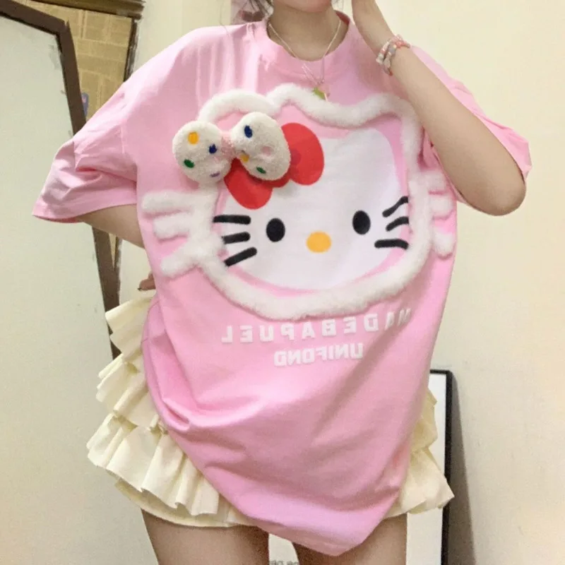 New Pink Sanrio Helo Kitty Plus Size Tops Y2k Women Cute Short Sleeved T-shirt Kawaii Korean Fashion Casual Loose Tees Clothes