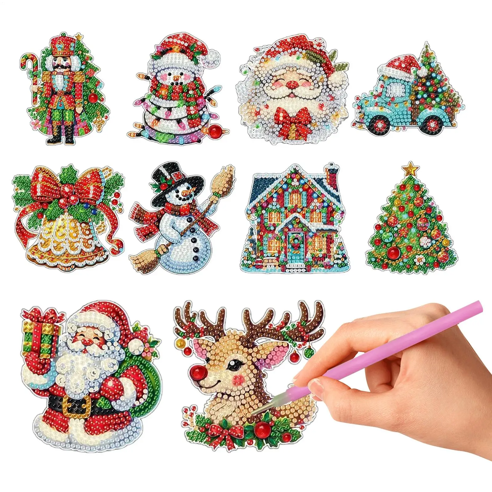10 Pieces Christmas DIY Magnets Christmas Tree Pearl Diamond Art Painting Refrigerator Sticker Gem Art Fridge Magnets For Home