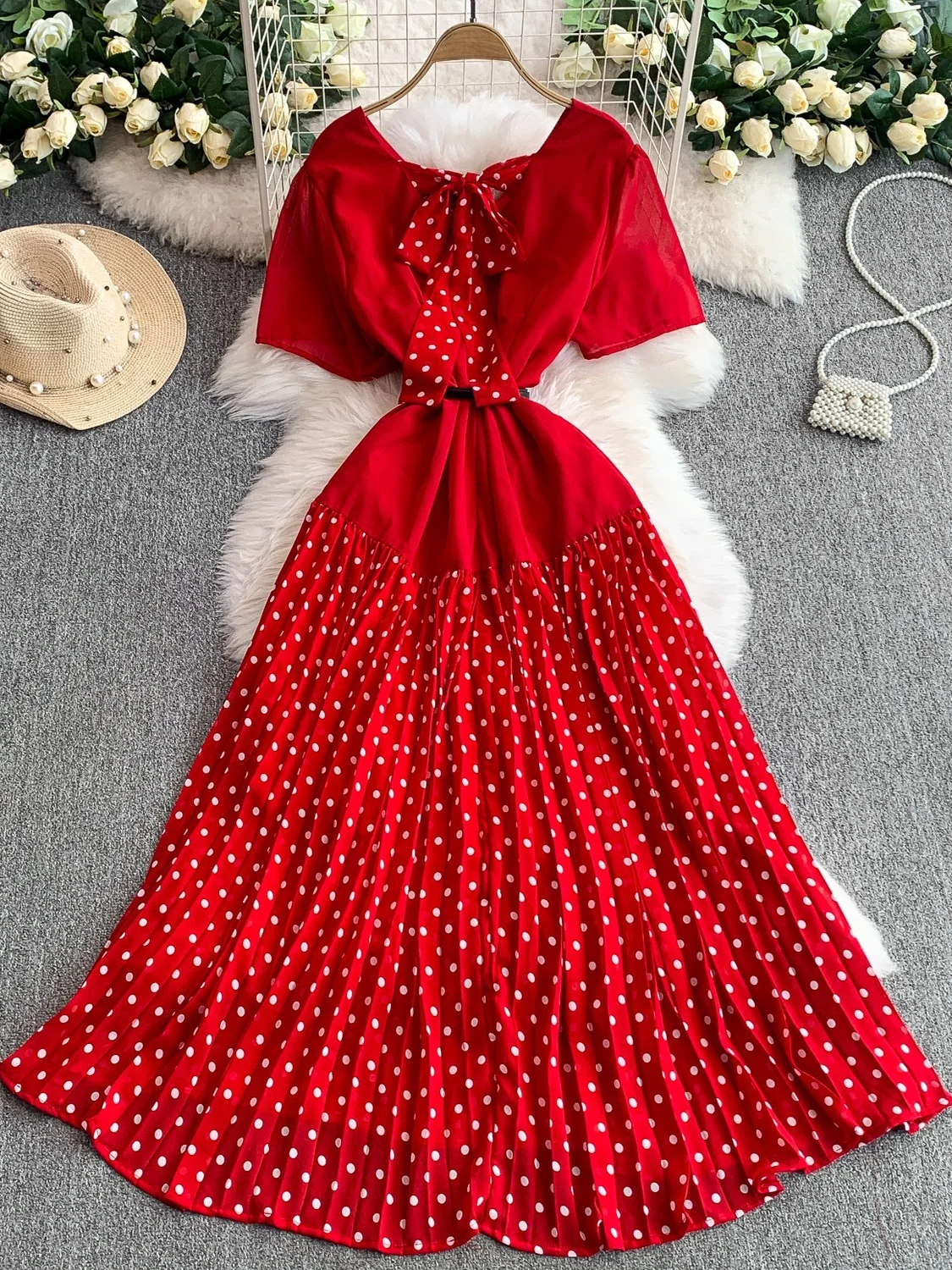 Retro Rode Polka Dot V Ne ort Sve Dames Dr 2025, Nieuwe Taille Cinching Afslanken Geplooide Maxi Rok Koreaanse Sle Pendelen