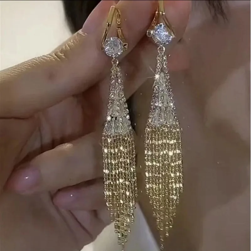 Zinc  Alloy Zircon Geometry Earrings Female Carat Love One Curtain Of Dreamy Elegant Fashion Long Tassel Earrings  Party