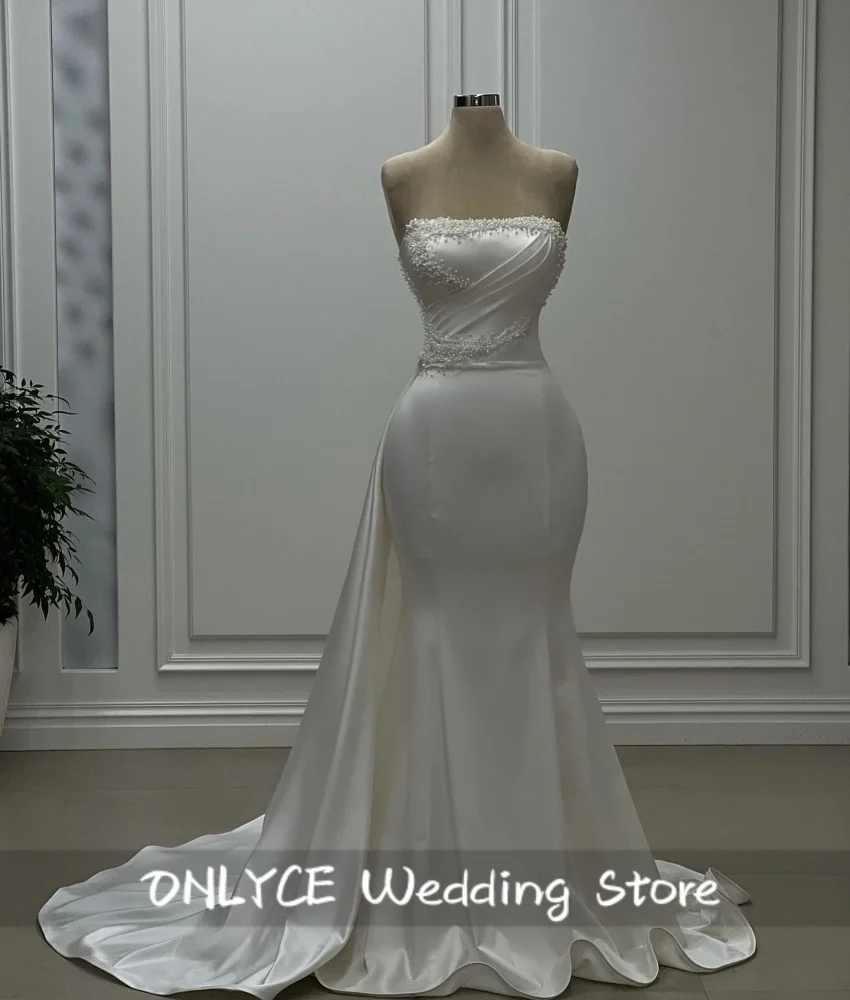 

Gorgeous Satin Mermaid Wedding Dress Luxury 2024 Elegant Vestido De Noiva Bead Pearls Side Train Bride Dress