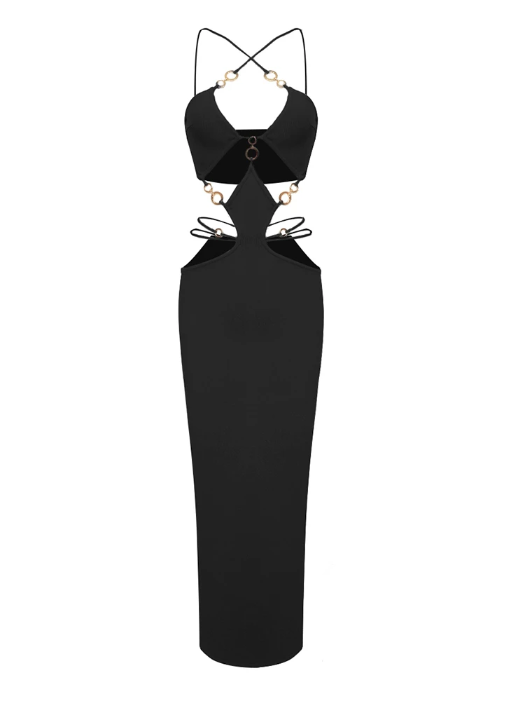 Sexy aushöhlen Metall Kreis Maxi Verband Kleider für Frauen Sommer ärmellose Ausschnitt Bodycon Promi Abend Party Kleid Club