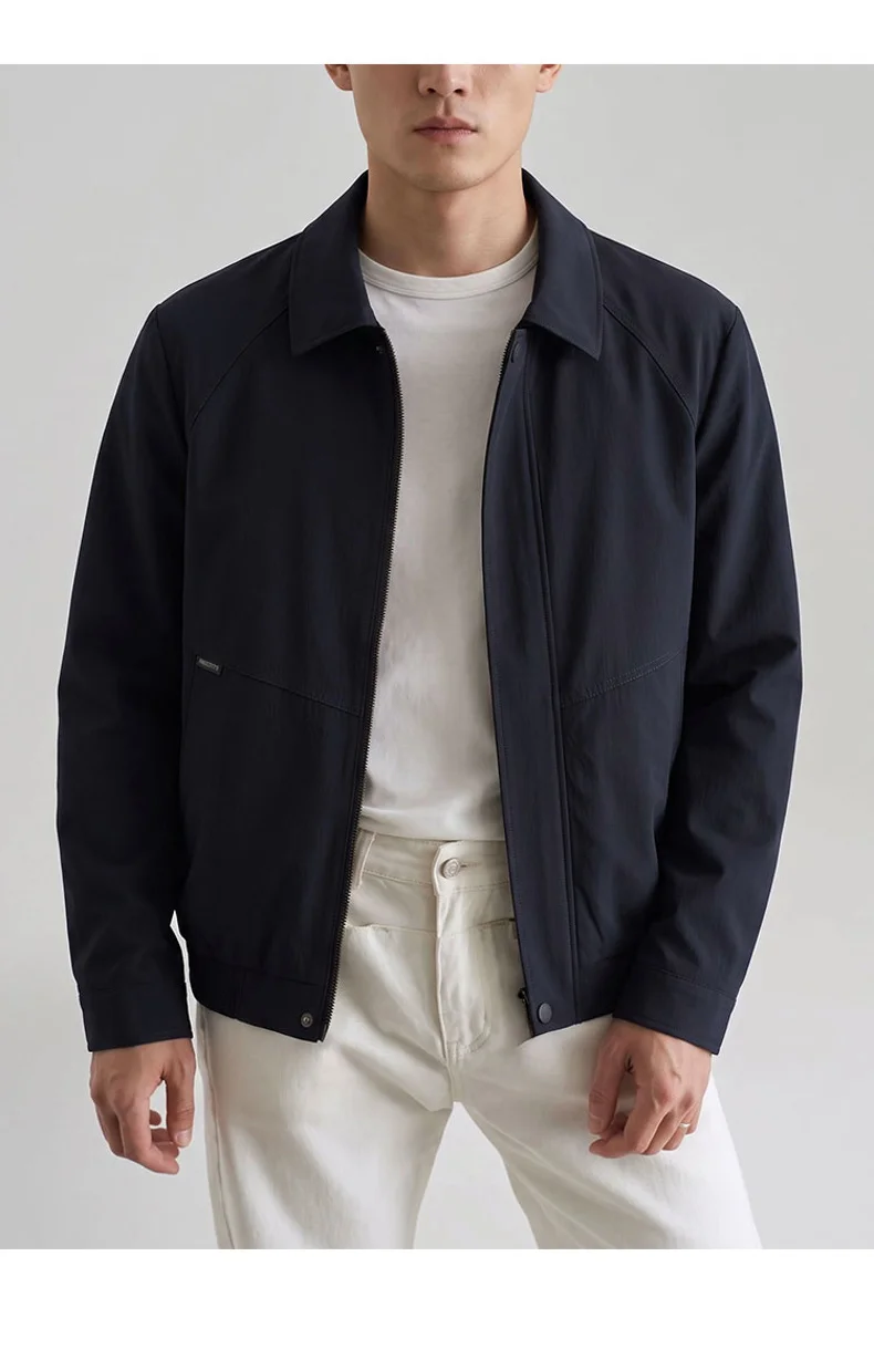 Men Lapel Collar Zip‑up Business Jacket Elastic Hem Casual Lightweight Outerwear Formal Office Daily Windproof Coat
