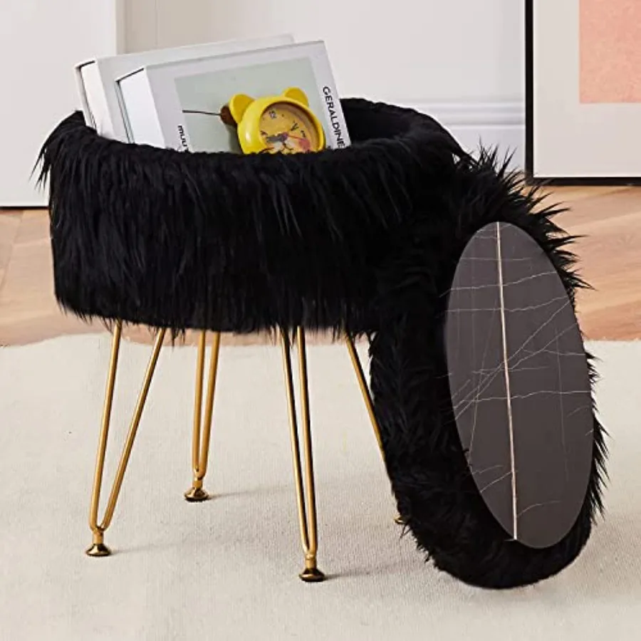

Faux Fur Storage Ottoman Round Furry Vanity Stool Marble Grain Tray Coffee Table Compact Footrest Stool with 4 Metal Legs Soft