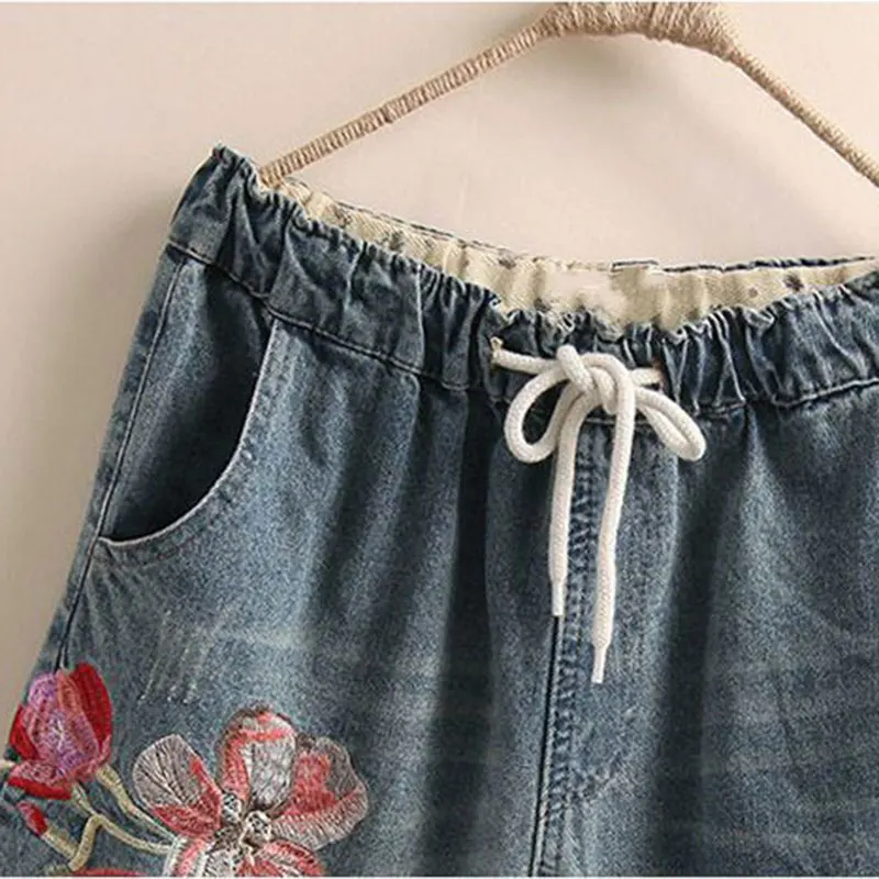 Borduurwerk Denim Indie Folk Vintage Elastische Hoge Taille Losse Wijde Pijpen Dames Broek Kuit-Lengte Broek Voor Vrouwen Kleding 2024