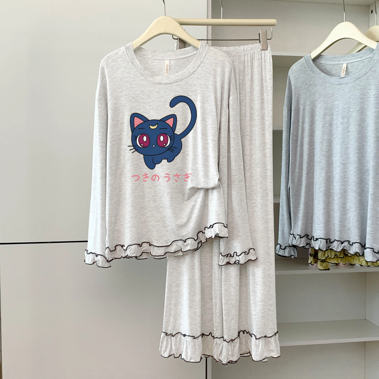 

5174-295 Modal Cotton Round Neck Long-Sleeved Long Pants Pajamas for Women Spring and Autumn Thin Loose Soft Comfortable Home Wear