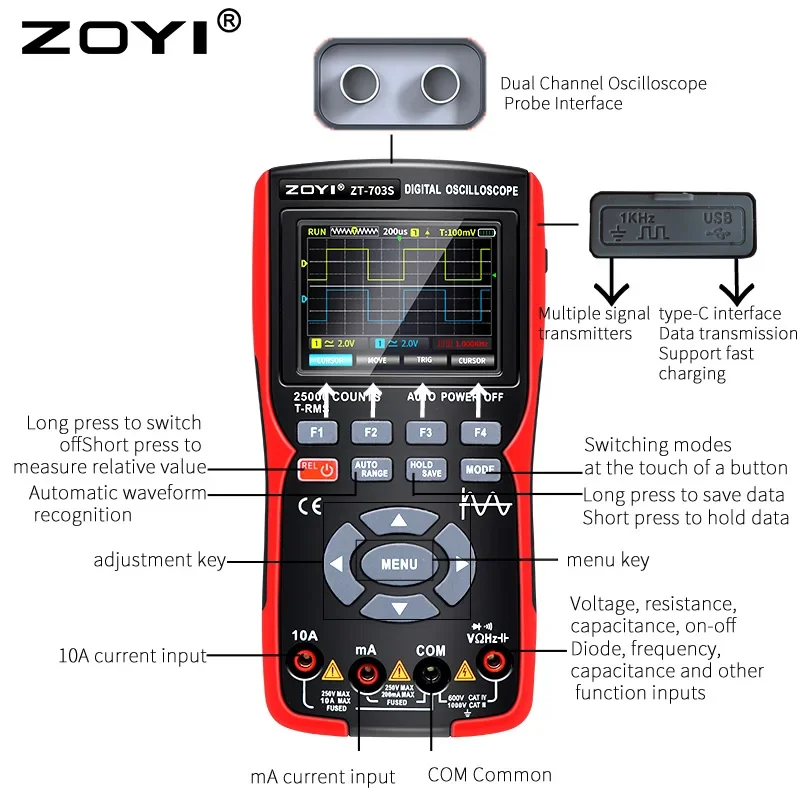 ZOYI ZT703S Multimetr cyfrowy 3w1 50MHz Szerokość pasma 280MS Stawka PC Przechowywanie danych Podwójny oscyloskop Generator sygnału