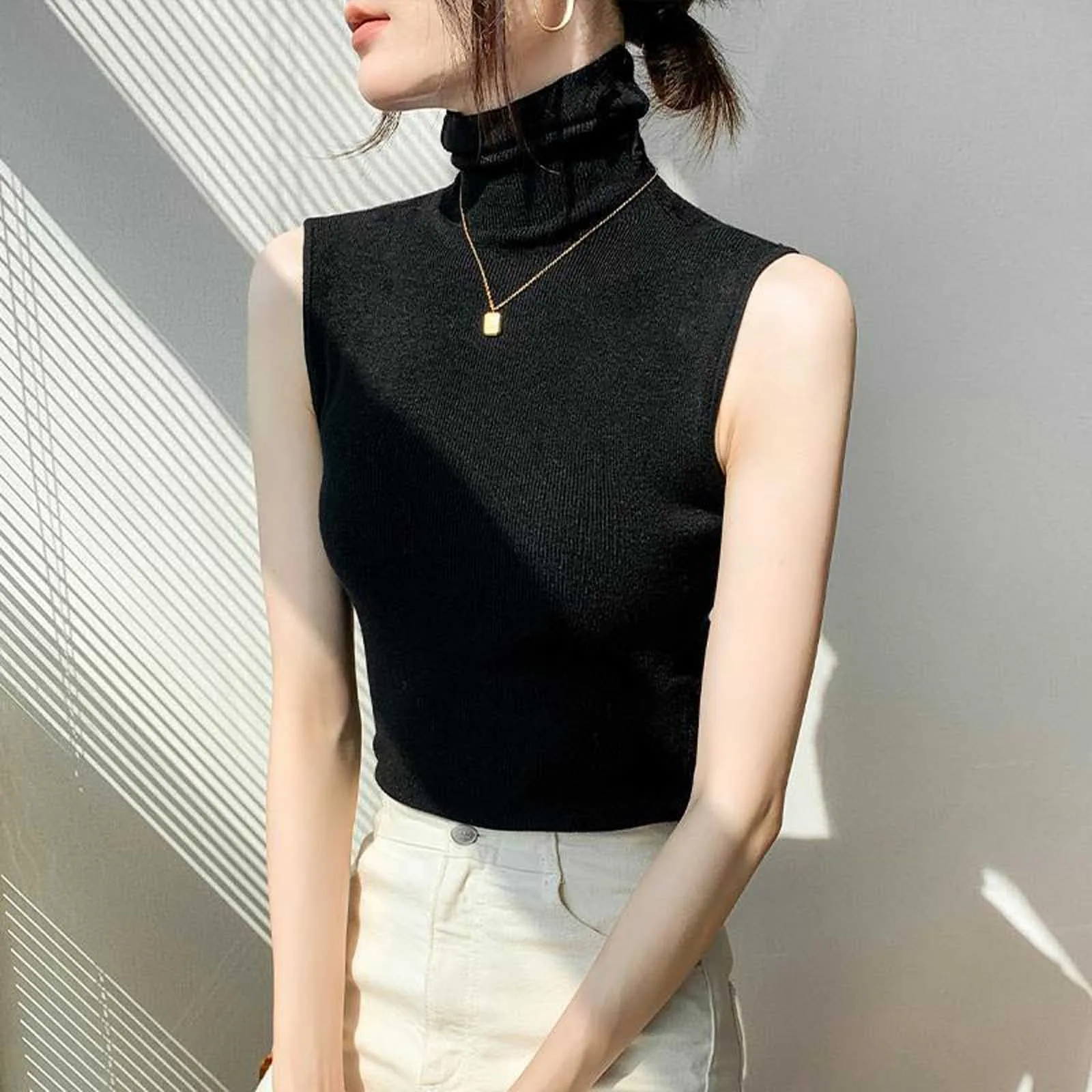 Women's Turtleneck Sleeveless Knit Sweater Stylish Slim-Fit Tank Top Spring And Autumn Casual Pullover Streetwear Women's Vest